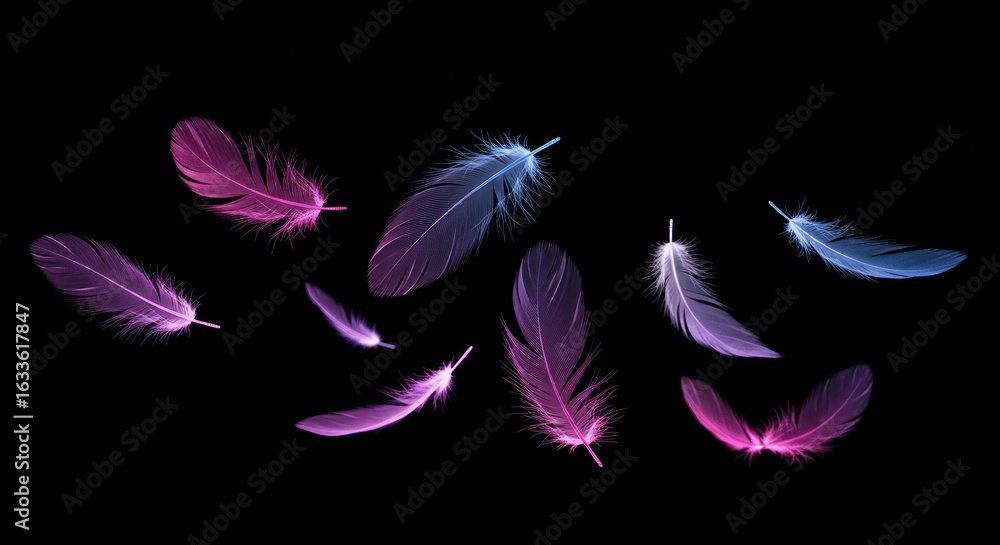 Obraz premium Ethereal elegance: A mesmerizing dance of neon feathers in dark symphony of gradient hues