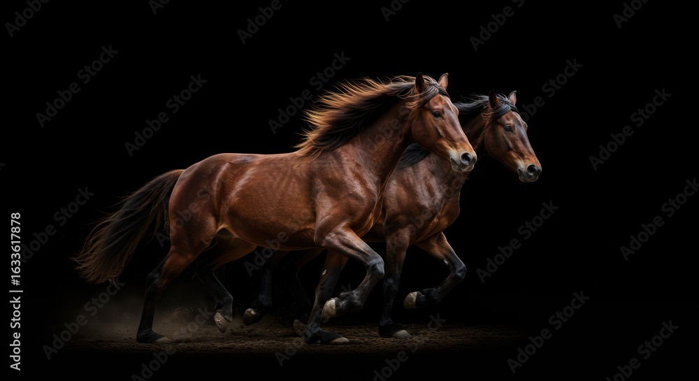 Obraz premium Ethereal equine: powerful horses gallop amidst shadows, embracing wild freedom