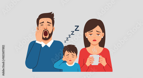 Tired parents and child yawning and looking exhausted, symbolizing lack of sleep and family fatigue with a cup of coffee.