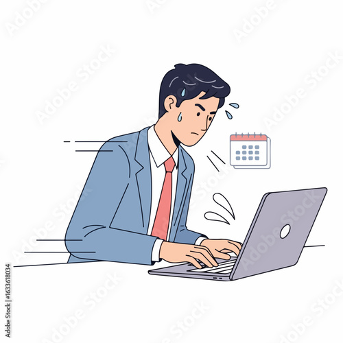 Stressed businessman working late on laptop with looming deadline, feeling overwhelmed by tasks and pressure.