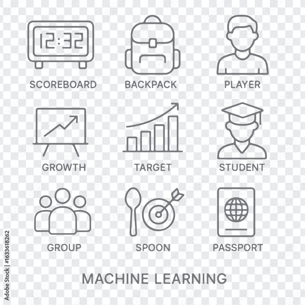 Fototapeta premium A set of nine distinct hand-drawn icons each representing a concept related to machine learning presented on a transparent background