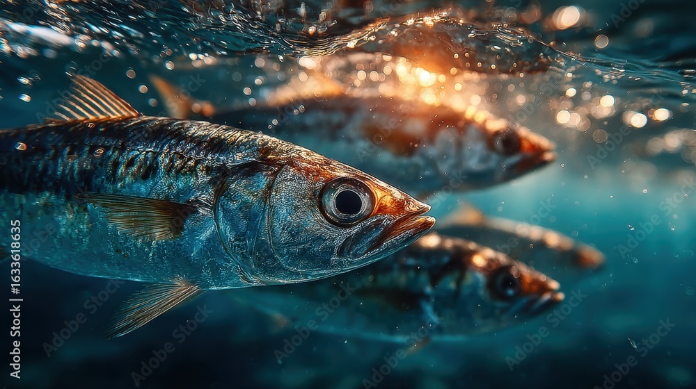 Naklejka premium School of Fish Swimming Underwater with Sunlight Glinting