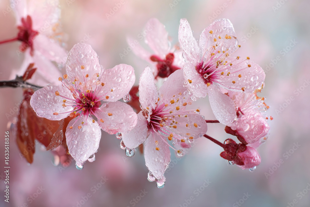 Obraz premium Delicate Cherry Blossom Blooms with Dew Drops in Soft Light Background