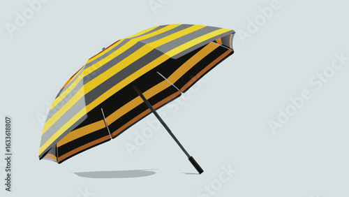 A striped umbrella with yellow, black, and gray bands stands open on a light background surface