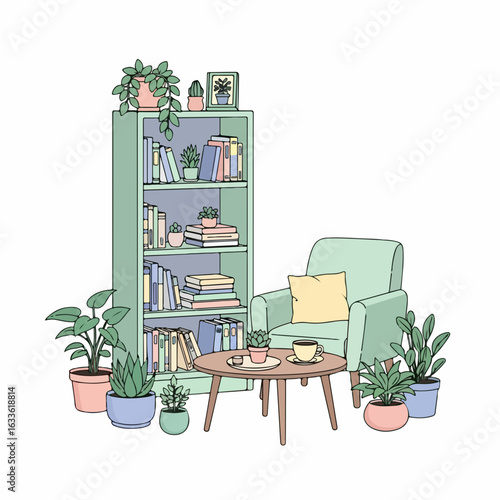Cozy reading nook with bookshelf, armchair, coffee table, and abundant houseplants creating a tranquil atmosphere.