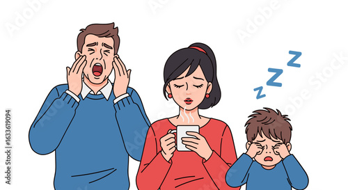 A weary family, including a yawning father, a tired mother holding a mug, and a sleepy child, illustrated against a white background, depicting exhaustion.