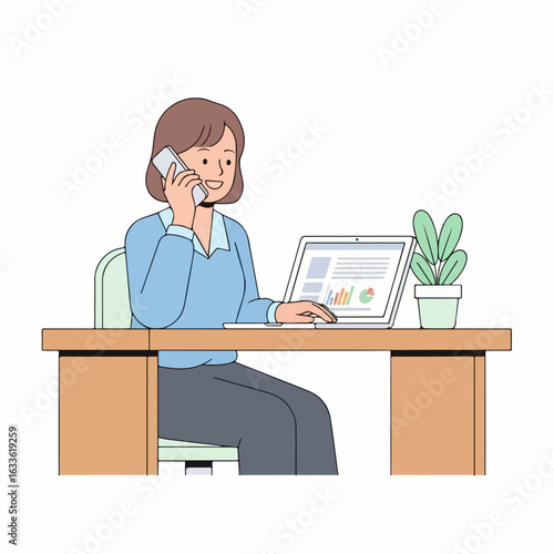 Confident businesswoman multitasking on phone and laptop at modern office desk, achieving goals
