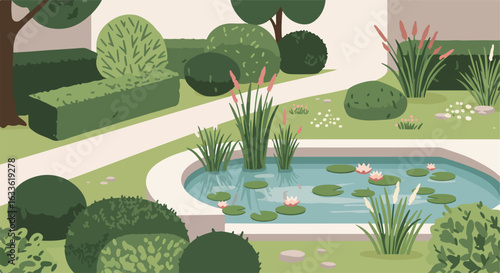 Garden with pond, lilies, trimmed hedges, and a pale path in illustrative style