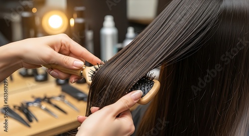 Hairdresser using a hairbrush on a client wet, shiny, dark hair in salon.