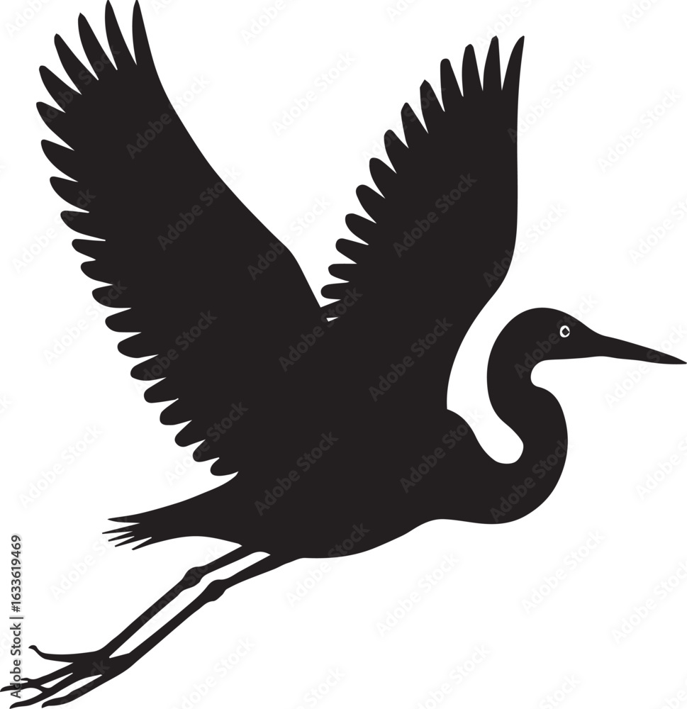 Fototapeta premium Black and white vector silhouette of a flying heron, eagle, and stork