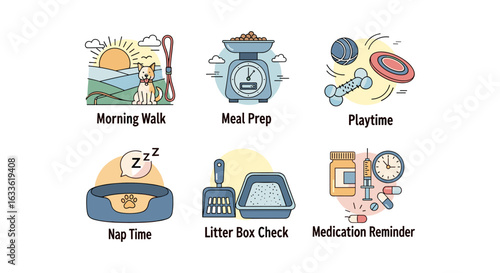 A cheerful illustration set depicts a dog's daily routine, including morning walks, meal preparation, playtime, naps, litter box cleaning, and medication reminders, showcasing a pet's well-cared-for