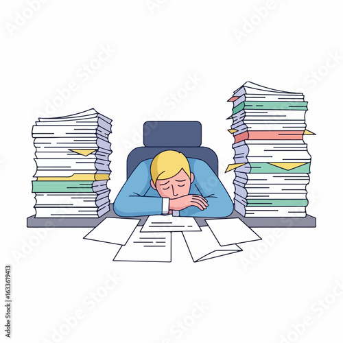 Overwhelmed businessman sleeping at desk amidst towering stacks of paperwork, feeling burnout.