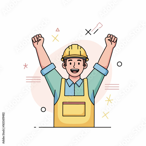 Excited construction worker celebrates success, raising arms in triumph with a cheerful smile.