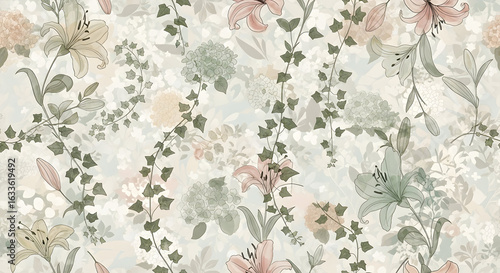 Floral Elegance: A seamless pattern showcases a delicate arrangement of lilies, ivy and lush leaves. The soft color palette evokes a sense of refined beauty and natural grace.