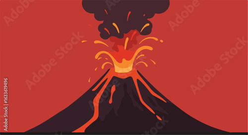 Cartoon volcano erupting with lava and smoke against a red background