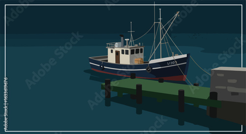 Docked fishing boat at a pier with dark water and sky