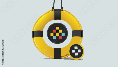 Yellow life preserver with black straps and a colorful pixelated center design hanging by black ropes