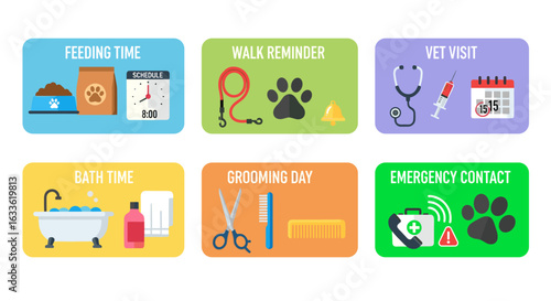 A vibrant collection of pet care icons representing feeding schedules, walks, vet visits, grooming, bathing, and emergency contact information, all in a playful style.