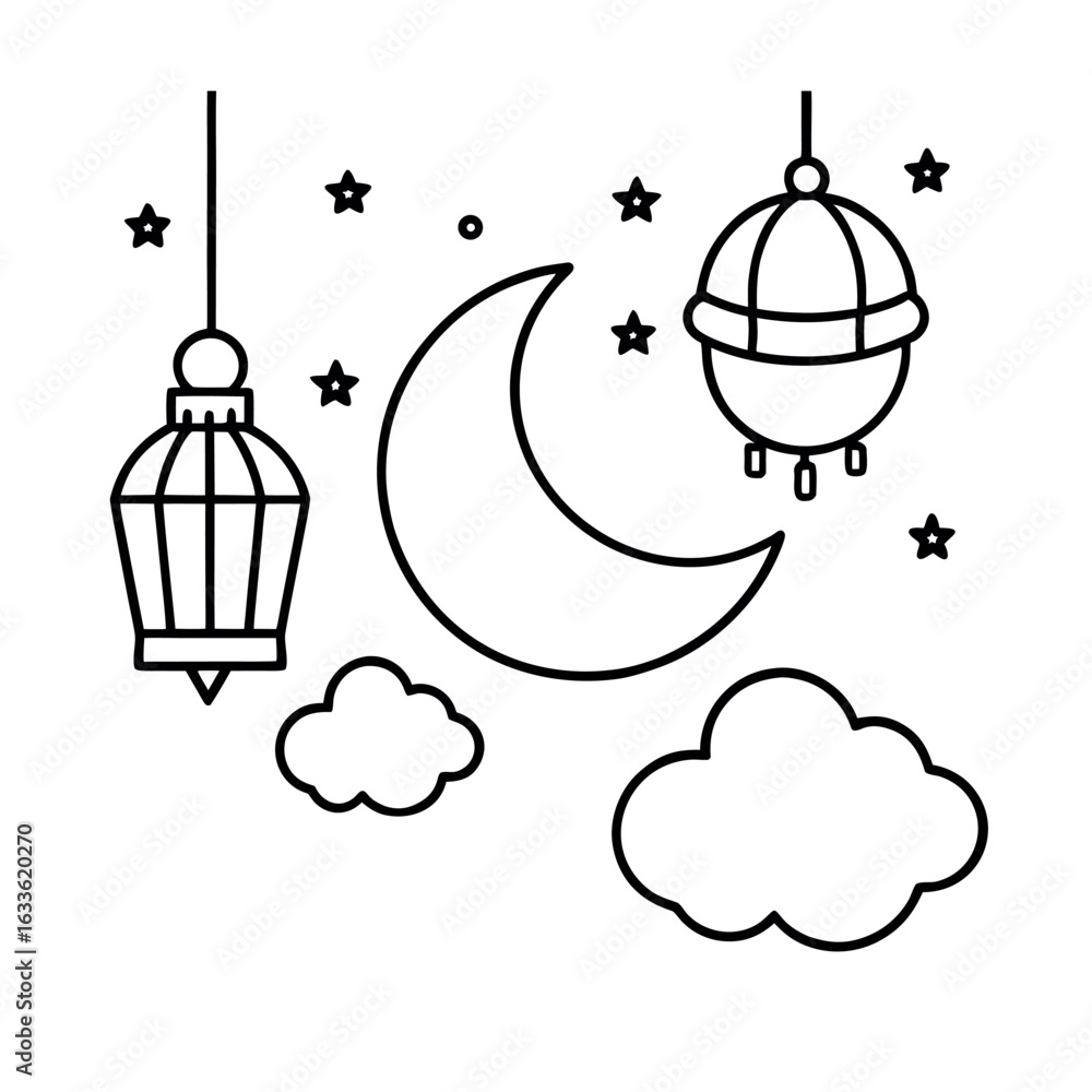 Fototapeta premium Hanging lanterns with crescent moon and stars