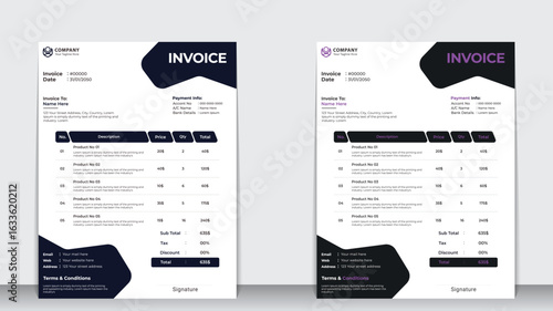 Minimal invoice design template set. Clean and simple layout for bill payment, price receipt, invoice form, accounting sheet, and payment agreement. Business billing form vector.