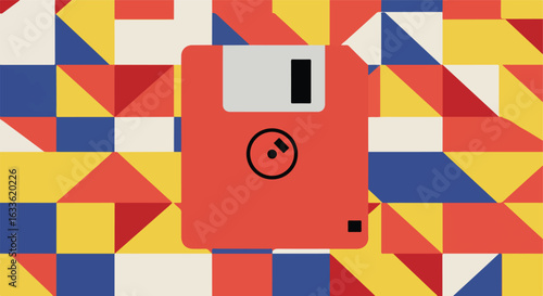 Floppy disc art over colorful abstract geometric shapes of squares and triangles