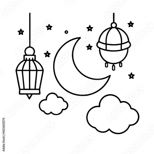 Hanging lanterns with crescent moon and stars