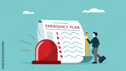 business emergency action plan with businessman holding pencil standing next to siren and emergency plan list paper, emergency action plan, emergency action plan when business disaster occurs