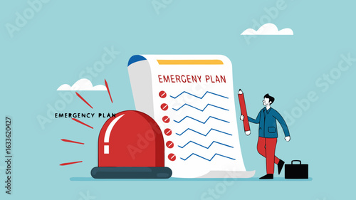 business emergency action plan with businessman holding pencil standing next to siren and emergency plan list paper, emergency action plan, emergency action plan when business disaster occurs
