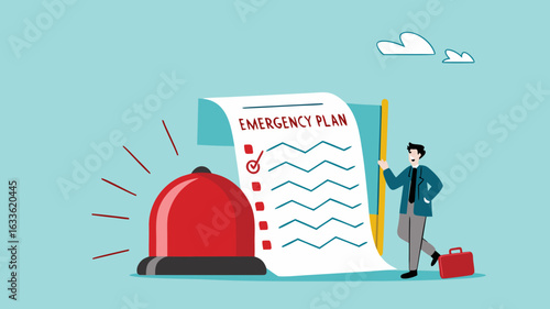 business emergency action plan with businessman holding pencil standing next to siren and emergency plan list paper, emergency action plan, emergency action plan when business disaster occurs