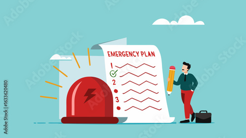 business emergency action plan with businessman holding pencil standing next to siren and emergency plan list paper, emergency action plan, emergency action plan when business disaster occurs