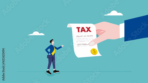 Crypto currency tax burden, businessman investor holding bitcoin surprised by government hand issue tax bill concept vector illustration