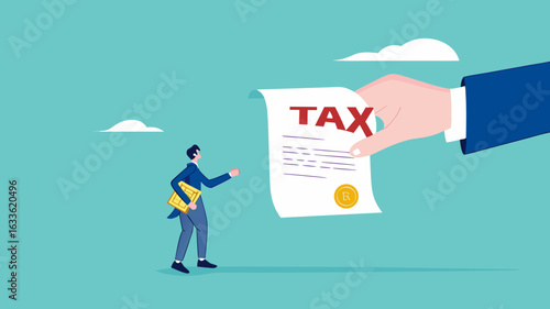 Crypto currency tax burden, businessman investor holding bitcoin surprised by government hand issue tax bill concept vector illustration