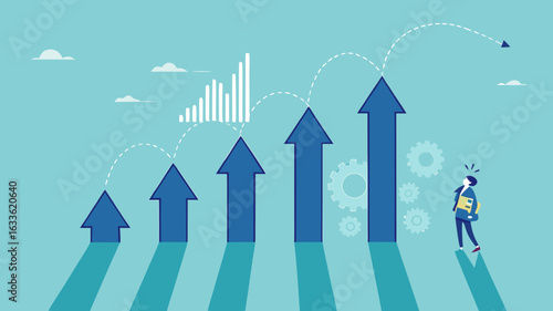 business growth with investment earning rising up, profit performance or investment sales growth, market value of equity concept, businessman with banknotes observing business income growth graph