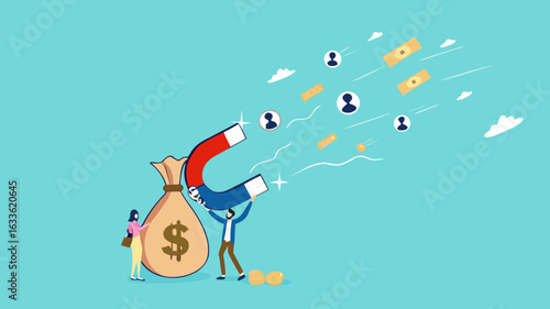 Customer acquisition cost or CAC, marketing expense on customer retention, advertising cost for lead generation, businessman uses magnets with dollar costs to attract customers