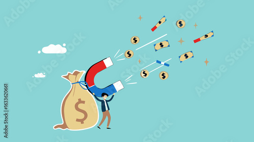 Customer acquisition cost or CAC, marketing expense on customer retention, advertising cost for lead generation, businessman uses magnets with dollar costs to attract customers