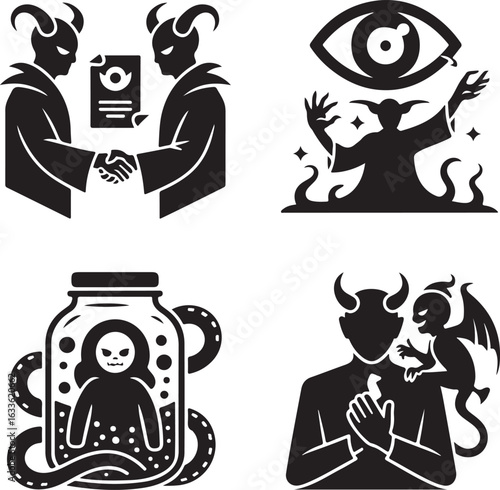 demon, devil, horror, evil, curse, contract, deal, magic, occult, scary, soul, monster, spooky, icon, set, vector