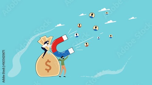 Customer acquisition cost or CAC, marketing expense on customer retention, advertising cost for lead generation, businessman uses magnets with dollar costs to attract customers