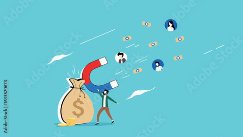 Customer acquisition cost or CAC, marketing expense on customer retention, advertising cost for lead generation, businessman uses magnets with dollar costs to attract customers