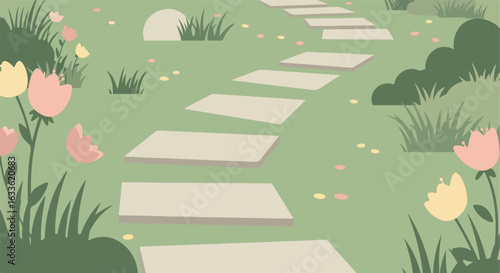 Garden path with flowers and grass, light green background, cartoonish style