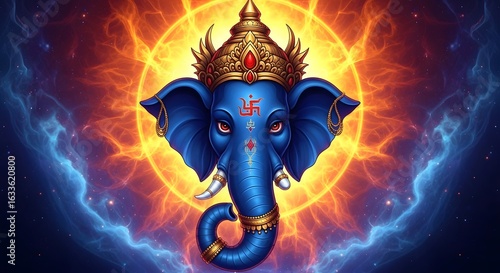 Illustration of blue ganesha with golden crown and swastika on forehead against cosmic background