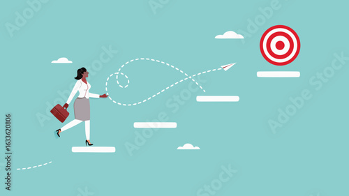 progress toward success or career success, journey to achieve target or business goal, personal development goal for work, way to achieve goal, businesswoman climbs the stairs towards her life's goals