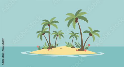 Tropical island with palm trees in a turquoise sea, sand, rocks, flowers