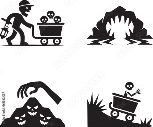 horror, mine, scary, haunted, skull, monster, spooky, cave, death, curse, evil, skeleton, zombie, icon, set, vector, halloween