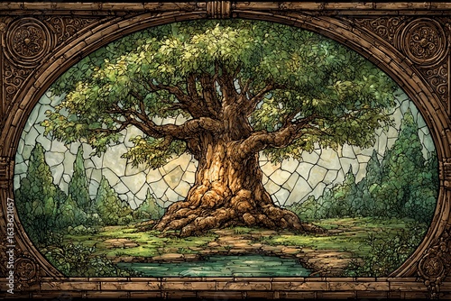 Ancient oak tree in fantasy forest illustration with stained glass design influence