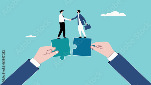 license agreement with artificial intelligence agency, artificial intelligence contract, businessman shaking hands with AI agency over puzzle to make project deal concept vector illustration
