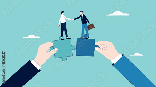 license agreement with artificial intelligence agency, artificial intelligence contract, businessman shaking hands with AI agency over puzzle to make project deal concept vector illustration