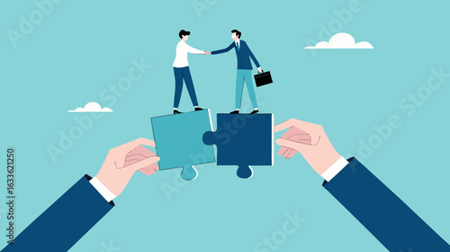 license agreement with artificial intelligence agency, artificial intelligence contract, businessman shaking hands with AI agency over puzzle to make project deal concept vector illustration