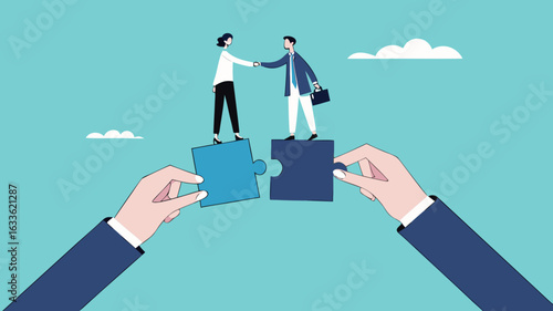 license agreement with artificial intelligence agency, artificial intelligence contract, businessman shaking hands with AI agency over puzzle to make project deal concept vector illustration