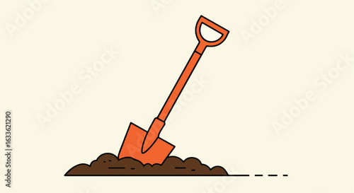 Orange shovel digging into a small pile of dirt, on light background
