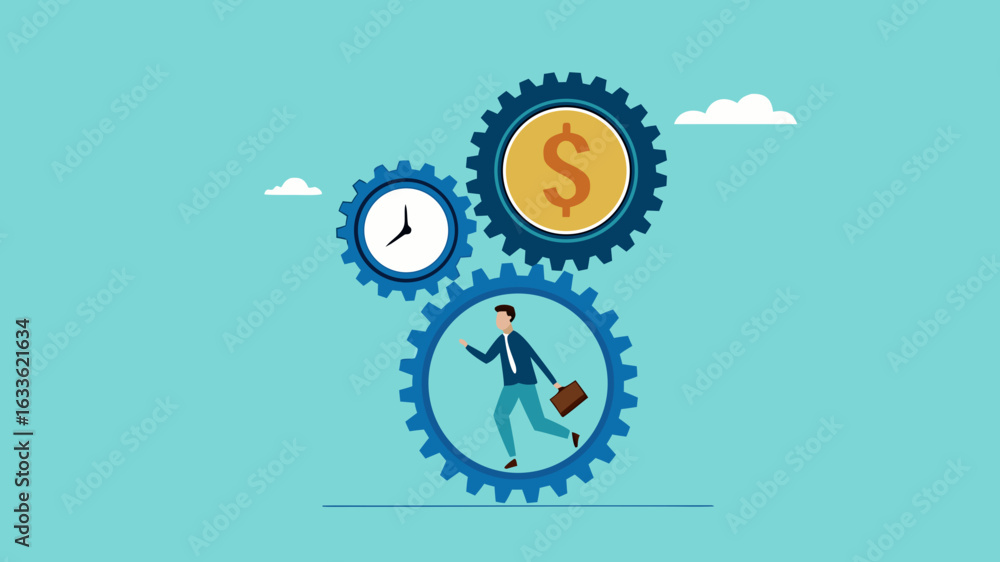 Αυτοκόλλητο effort and time to make money with businessman running with full effort in gears